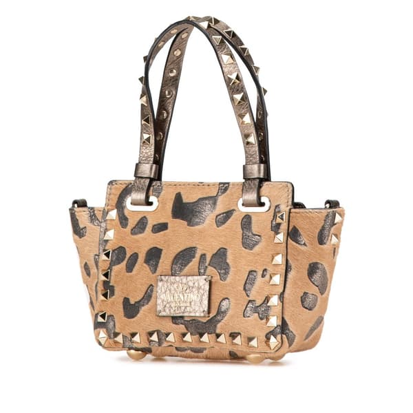 Pre-owned Valentino Mini Pony Hair Rockstud Satchel Brown