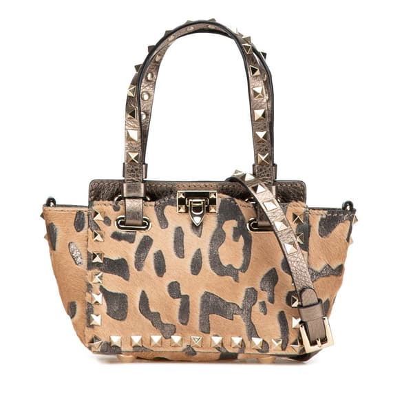 Pre-owned Valentino Mini Pony Hair Rockstud Satchel Brown