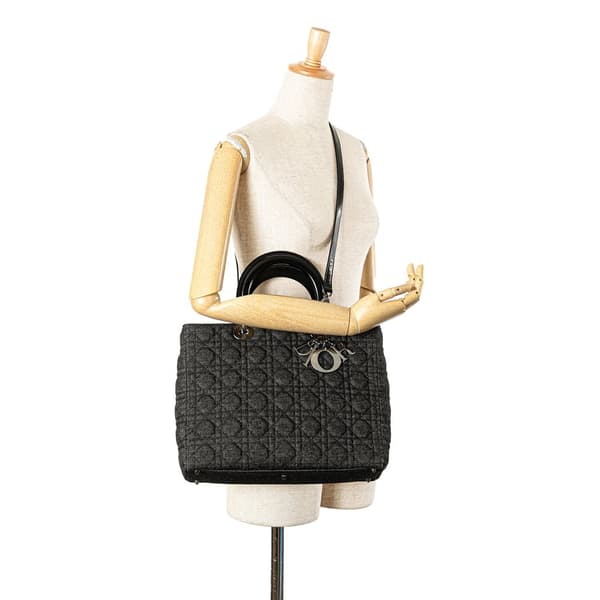 Pre-owned Dior Large Denim Cannage Lady Dior Black