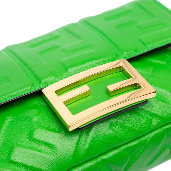 Pre-owned Fendi Mini Zucca Embossed Leather Baguette Satchel Green