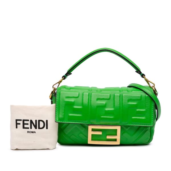 Pre-owned Fendi Mini Zucca Embossed Leather Baguette Satchel Green