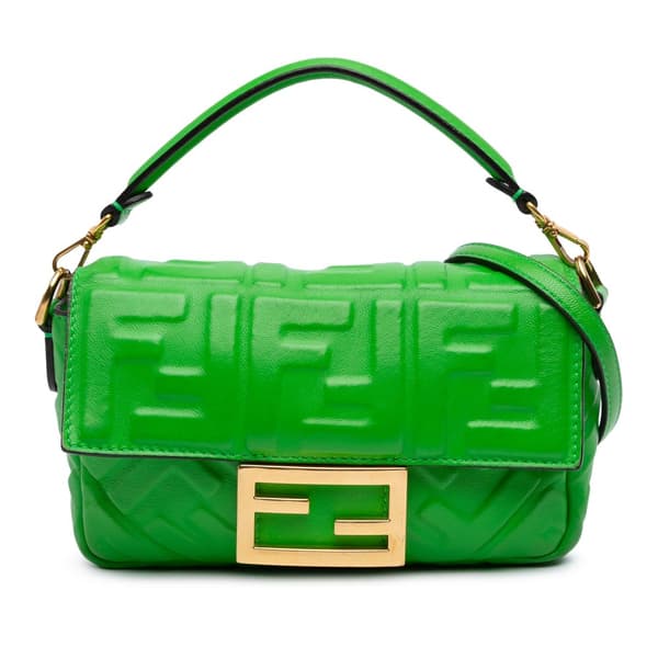Pre-owned Fendi Mini Zucca Embossed Leather Baguette Satchel Green