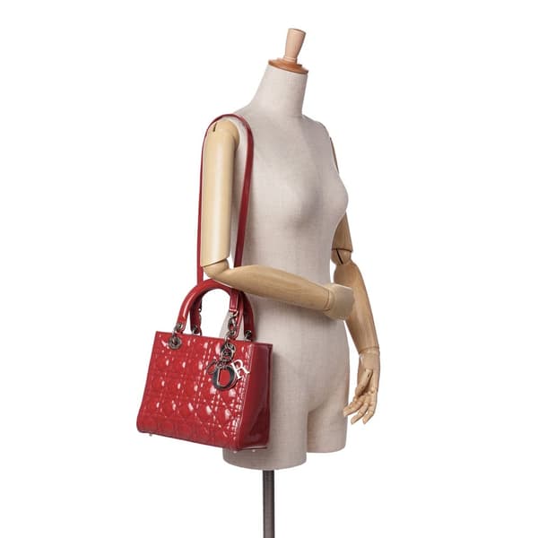 Pre-owned Dior Medium Patent Cannage Lady Dior Red