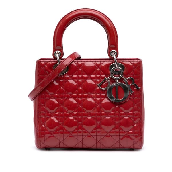 Pre-owned Dior Medium Patent Cannage Lady Dior Red