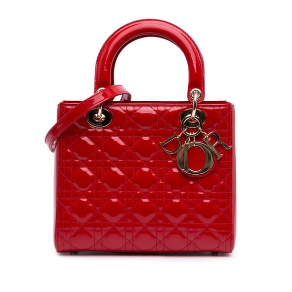Pre-owned Dior Medium Patent Cannage Lady Dior Red
