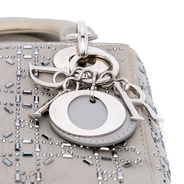 Pre-owned Dior Mini Satin Cannage Strass Crystal Embellished Lady Dior Gray