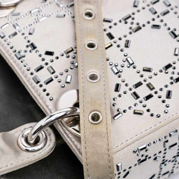 Pre-owned Dior Mini Satin Cannage Strass Crystal Embellished Lady Dior Gray