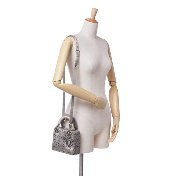 Pre-owned Dior Mini Satin Cannage Strass Crystal Embellished Lady Dior Gray