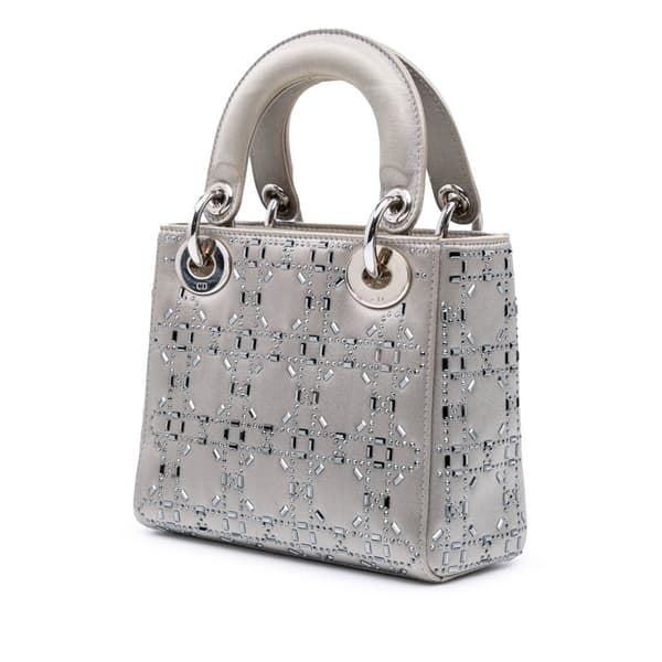 Pre-owned Dior Mini Satin Cannage Strass Crystal Embellished Lady Dior Gray