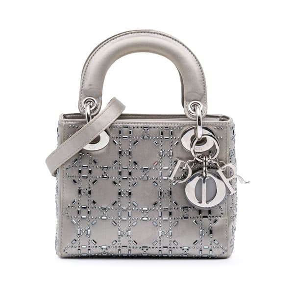 Pre-owned Dior Mini Satin Cannage Strass Crystal Embellished Lady Dior Gray