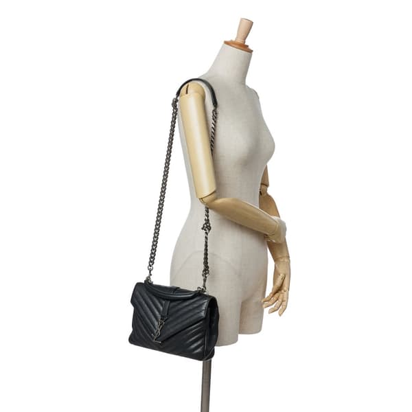 Pre-owned Saint Laurent Medium Monogram Chevron Sheepskin College Bag Black