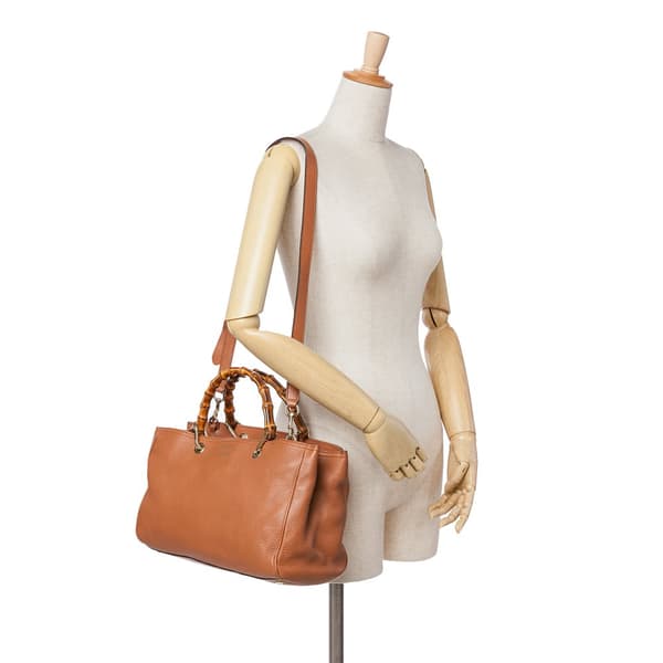 Pre-owned Gucci Medium Calfskin Bamboo Shopper Satchel Brown