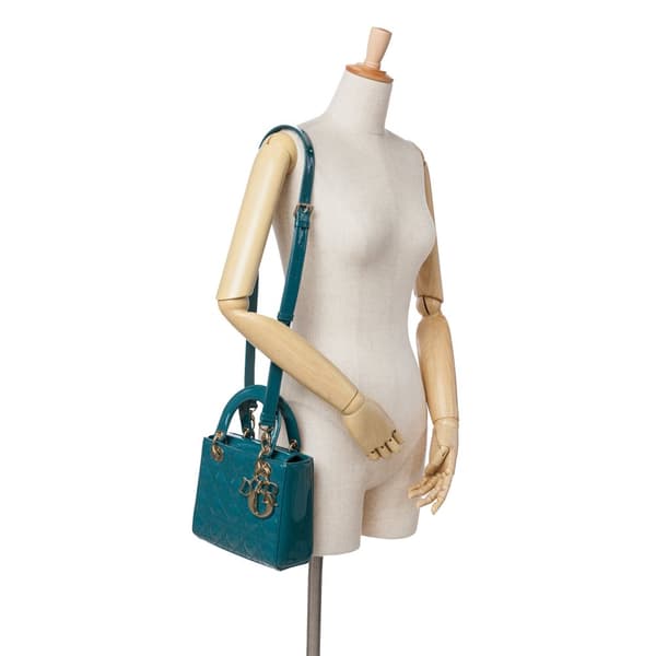 Pre-owned Dior Small Patent Cannage Lady Dior Blue