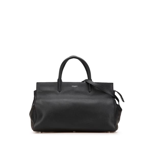 Pre-owned Saint Laurent Medium Grained Calfskin Cabas Rive Gauche Satchel Black