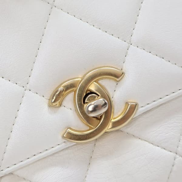 Pre-owned Chanel Small Quilted Lambskin Crystal Logo Letters Chain Flap White