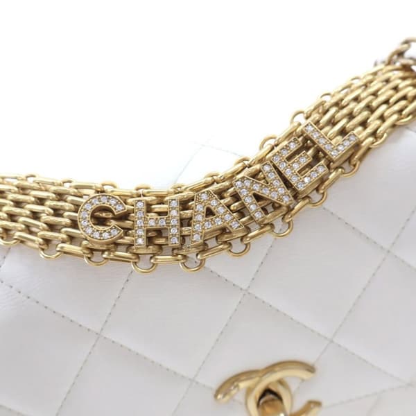 Pre-owned Chanel Small Quilted Lambskin Crystal Logo Letters Chain Flap White