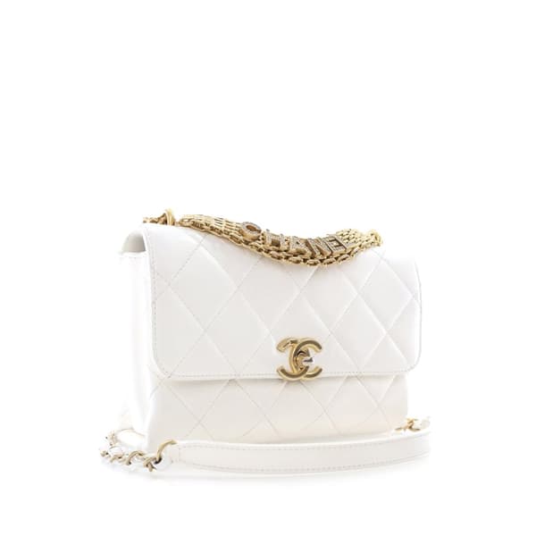 Pre-owned Chanel Small Quilted Lambskin Crystal Logo Letters Chain Flap White