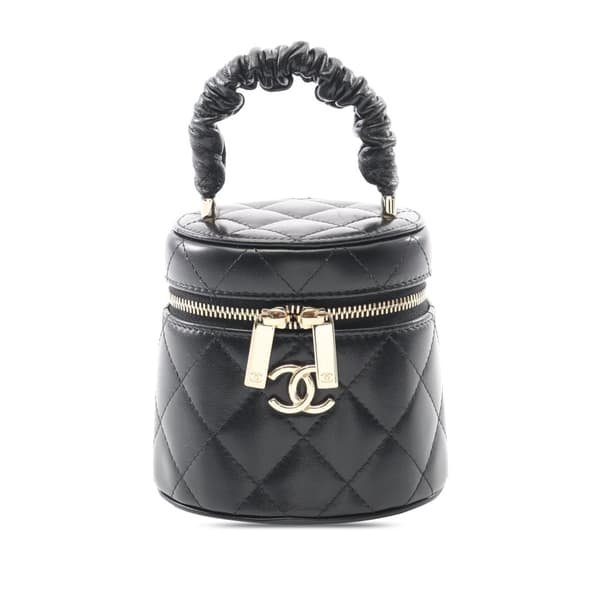 Pre-owned Chanel Mini Quilted Lambskin Ruched Handle Vanity Case Black