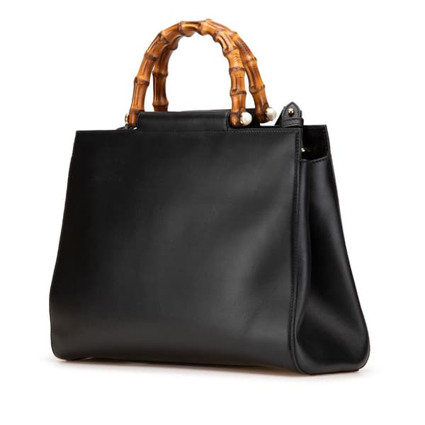 Pre-owned Gucci Medium Leather Bamboo Nymphaea Satchel Black