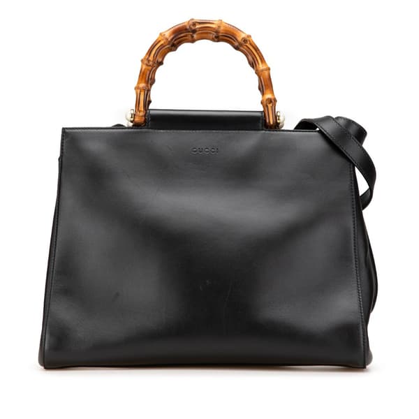 Pre-owned Gucci Medium Leather Bamboo Nymphaea Satchel Black