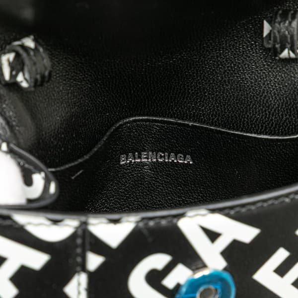 Pre-owned Balenciaga Mini Smooth Calfskin Allover Logo Print Hourglass Top Handle Bag Black