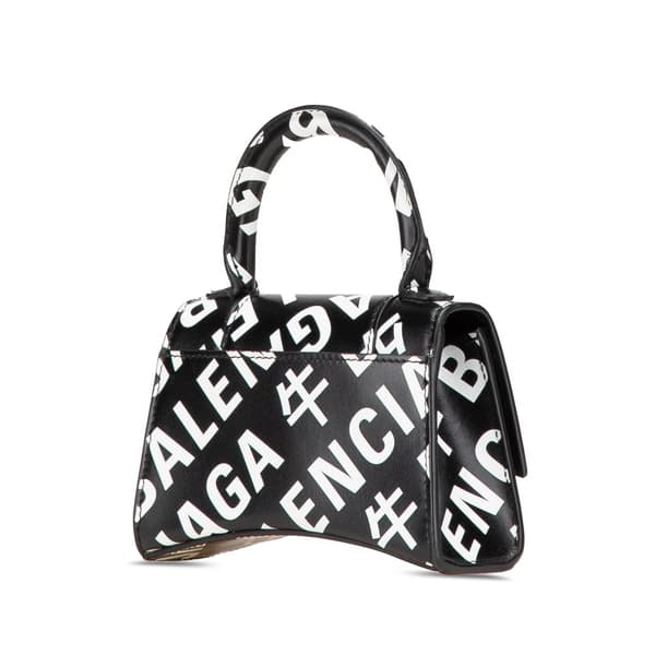 Pre-owned Balenciaga Mini Smooth Calfskin Allover Logo Print Hourglass Top Handle Bag Black