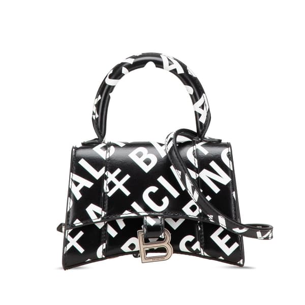 Pre-owned Balenciaga Mini Smooth Calfskin Allover Logo Print Hourglass Top Handle Bag Black