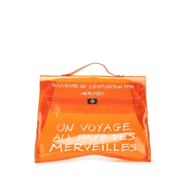 Pre-owned Hermès Vinyl Souvenir De L Exposition Kelly Handbag Orange