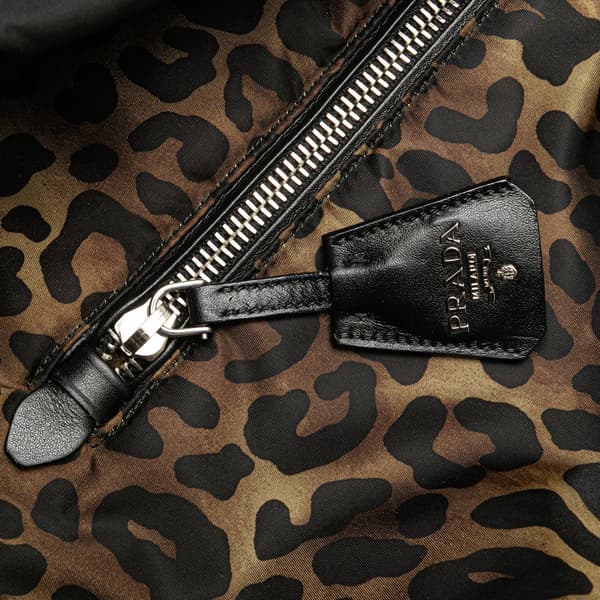Pre-owned Prada Tessuto Leopard Print Reversible Satchel Brown