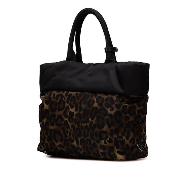 Pre-owned Prada Tessuto Leopard Print Reversible Satchel Brown