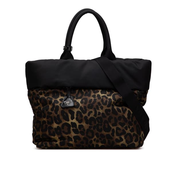 Pre-owned Prada Tessuto Leopard Print Reversible Satchel Brown