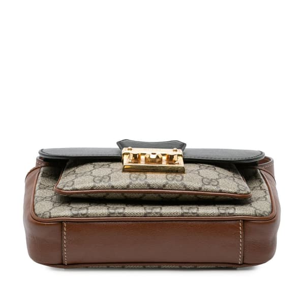 Pre-owned Gucci Mini GG Supreme and Calfskin Padlock Flap Pocket Satchel Brown