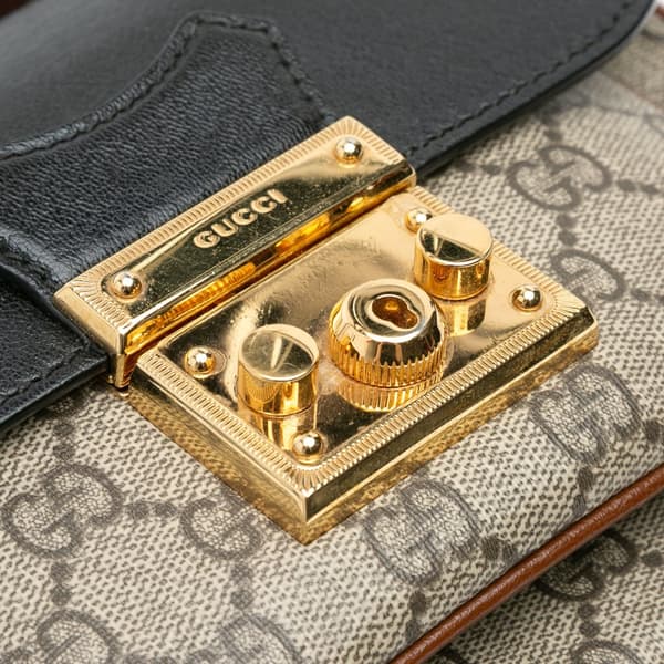 Pre-owned Gucci Mini GG Supreme and Calfskin Padlock Flap Pocket Satchel Brown