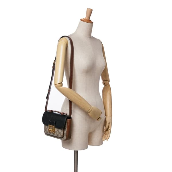 Pre-owned Gucci Mini GG Supreme and Calfskin Padlock Flap Pocket Satchel Brown