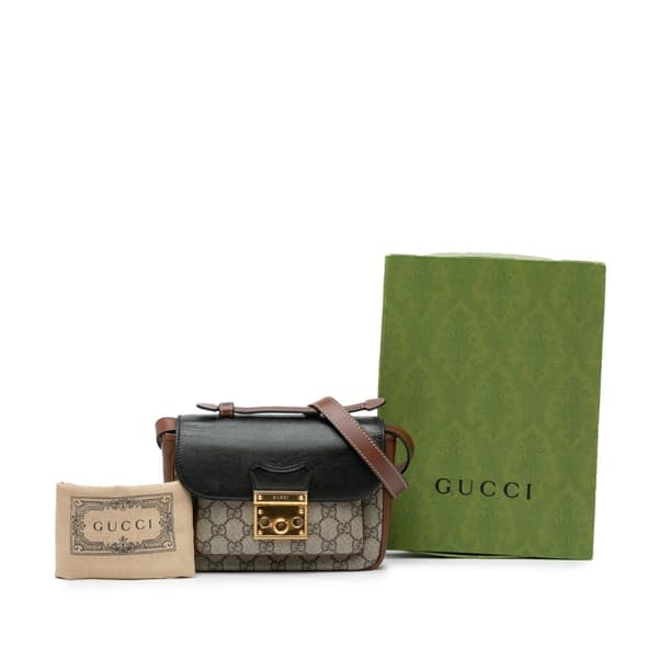 Pre-owned Gucci Mini GG Supreme and Calfskin Padlock Flap Pocket Satchel Brown
