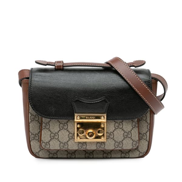 Pre-owned Gucci Mini GG Supreme and Calfskin Padlock Flap Pocket Satchel Brown