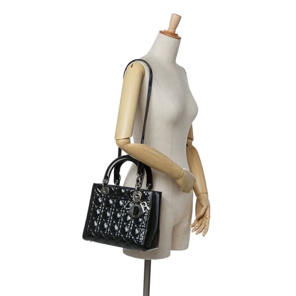 Pre-owned Dior Medium Patent Cannage Lady Dior Black