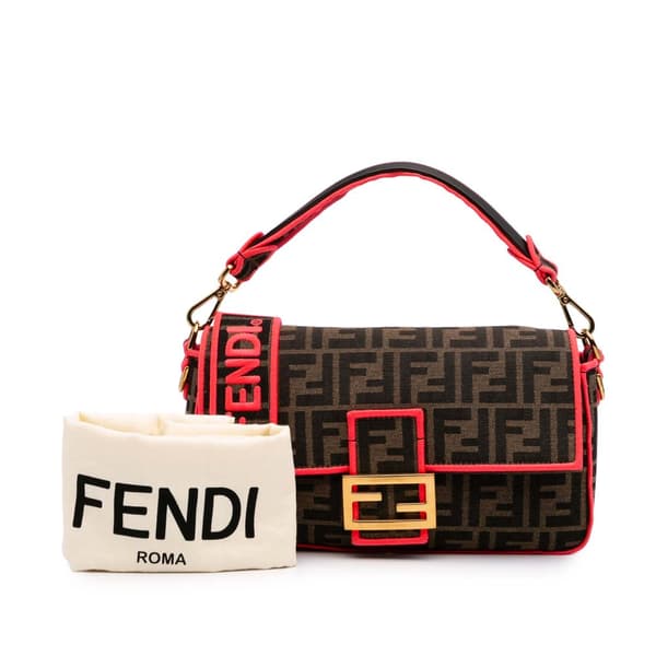 Pre-owned Fendi Medium Zucca Canvas Fluo Trim Baguette Satchel Brown