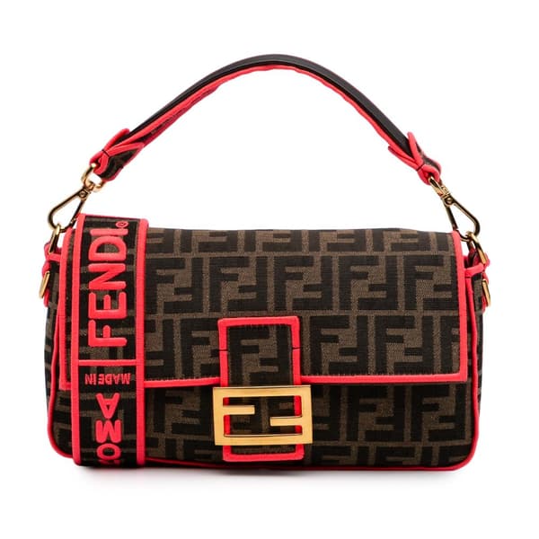 Pre-owned Fendi Medium Zucca Canvas Fluo Trim Baguette Satchel Brown