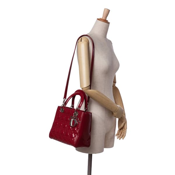 Pre-owned Dior Medium Patent Cannage Lady Dior Red