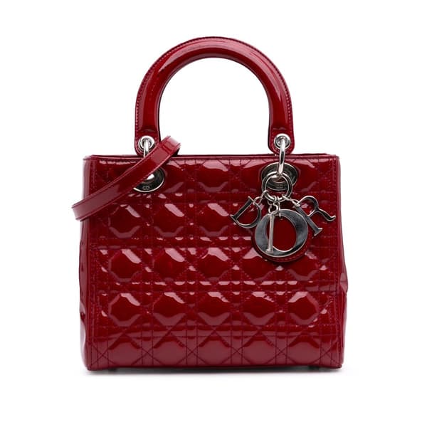 Pre-owned Dior Medium Patent Cannage Lady Dior Red
