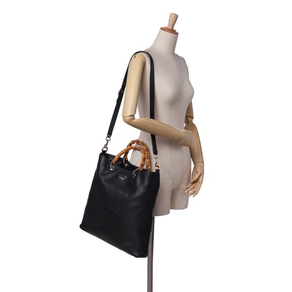 Pre-owned Gucci Tall Leather Bamboo Shopper Tote Black