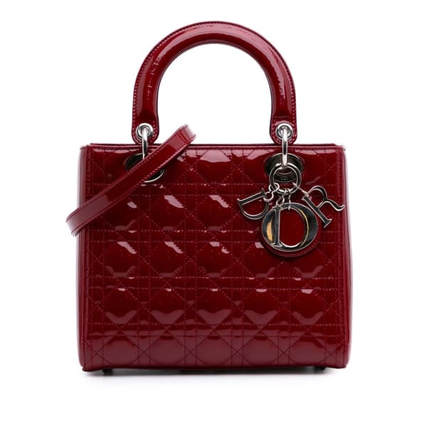 Pre-owned Dior Medium Patent Cannage Lady Dior Red