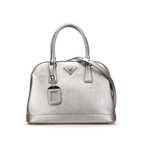 Pre-owned Prada Medium Saffiano Lux Open Promenade Satchel Silver