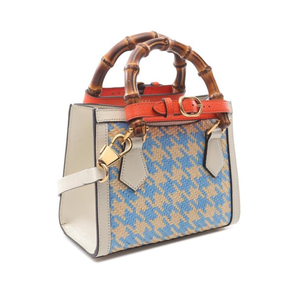 Pre-owned Gucci Mini Raffia Houndstooth Bamboo Diana Satchel Blue