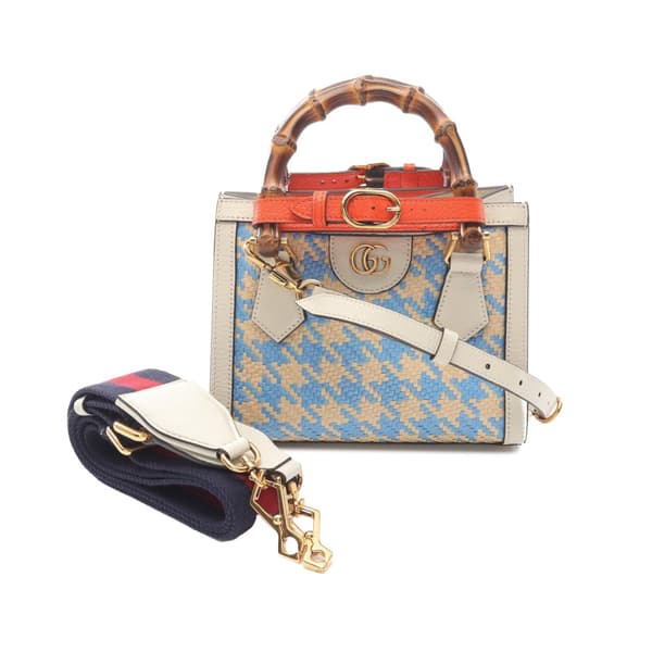 Pre-owned Gucci Mini Raffia Houndstooth Bamboo Diana Satchel Blue