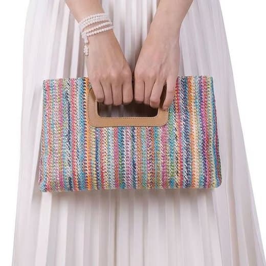 Lollanda Strandväska i Strå för Damer /Väska till Strand - Boho Handtasche med Kedjerem - Väska till Stra