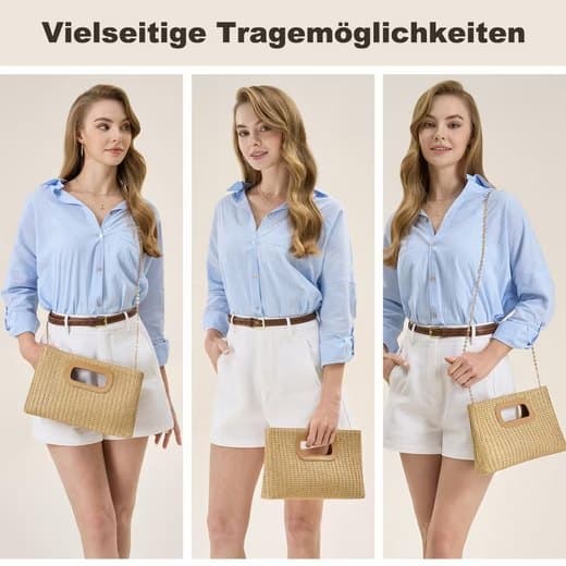 Lollanda Strandväska i Strå för Damer /Väska till Strand - Boho Handtasche med Kedjerem - Väska till Stra