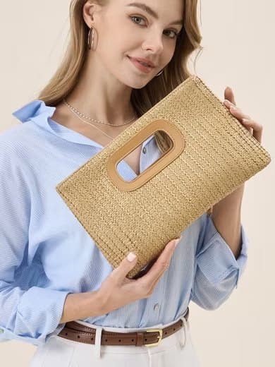 Lollanda Strandväska i Strå för Damer /Väska till Strand - Boho Handtasche med Kedjerem - Väska till Stra