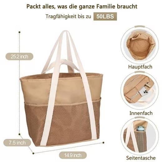 Lollanda Vandtæt Strandtaske / Ekstra stor Strandtaske til kvinder - Rejsetaske med lynlås, Picnictaske - Stra Bag